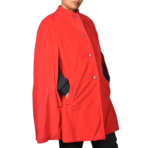 Vintage Sherwood Cape Red Bright Lipstick Flannel Velour Pockets Retro XL Large - Picture 1 of 16